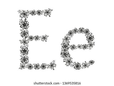 Hand drawn flowers form a Letter E. Black vector illustration on white background