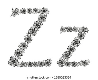 Hand drawn flowers form a Letter Z. Black vector illustration on white background