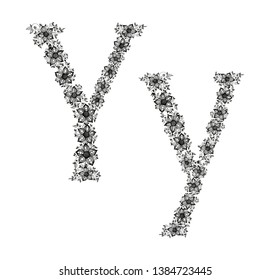 Hand drawn flowers form a Letter Y. Black vector illustration on white background