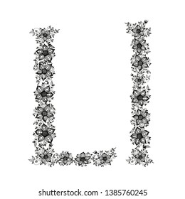 Hand drawn flowers form a Letter L. Black vector illustration on white background