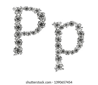 Hand drawn flowers form a Letter P. Black vector illustration on white background