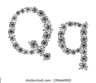 Hand drawn flowers form a Letter Q. Black vector illustration on white background