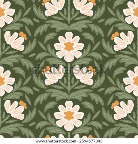 Hand drawn flowers forming a cute damask pattern in a color palette of sage green, off white, yellow and cream on a forest green background. Seamless vector pattern. Great for home decor, fabric,gifts
