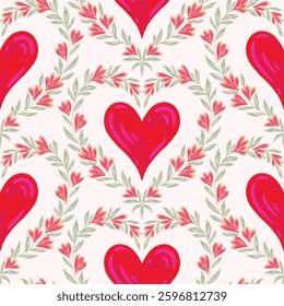 Hand drawn flowers forming wreaths around hearts in a color palette of reddish pink and sage green on an off white background. Seamless vector pattern. Great for homedecor, fabric, wallpaper, giftwrap