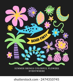 Handgezeichnet; Blumen, Obst, Delfin, Strand und Palmen Vektorillustration, Naturprint Design für Urlaub Thema, Sommer Grafik, für T-Shirt Grafik.
