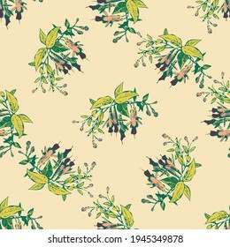 Hand drawn flowers fuchsia branch, leaves seamless pattern abstract background wallpaper. Line art botanical illustration. Floral wall art vector illustration, trendy color green pastel graphic design