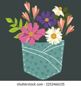 Hand drawn flowers and grasses bunch in jeans pocket. vector illustration