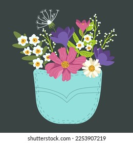 Flores dibujadas a mano y ramas de hierbas en el bolsillo de los jeans. ilustración vectorial