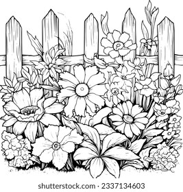 Hand drawn flowers growing in a flower bed outside on white isolated background. Floral summer illustration. For coloring book pages.