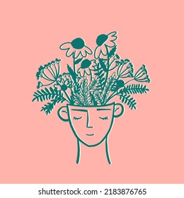 Hand drawn flowers in head. Self education, study, knowledge, improvement, mental health concept. Abstract face with flowers vector drawing. Botanical print. Nature symbol of cosmetics. Fashion print