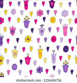 Hand drawn flowers and hearts doodle seamless pattern. Pink, purple, yellow, violet flowers. Naive style, Endless pattern.