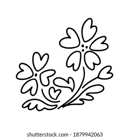 Hand drawn flowers with a hearts in doodle style isolated on white background. Vector outline illustration. Design for greeting card, banner, web, sticker, coloring book, Valentines day