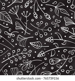 Hand drawn flowers and herbs vector seamless pattern