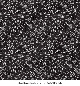 Hand drawn flowers and herbs vector seamless pattern