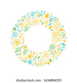 Hand drawn flowers & insect doodle elements. Floral round vector template with copy space. Isolated illustration on white background for greeting card, invitation, banner and poster. Foliage wreath.