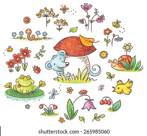 Hand drawn flowers, insects and animals for kids designs, no gradients