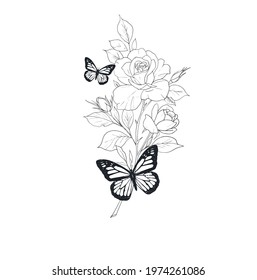 hand drawn flowers with kaleidoscope of butterflies