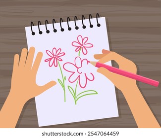 hand drawn flowers. kids drawing beautiful buds of chamomile. vector top view illustrations on hands with pencils