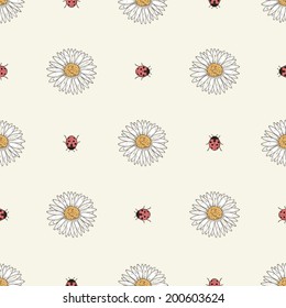 Hand drawn flowers and ladybirds seamless pattern. Colorful illustration. Vintage engraving style