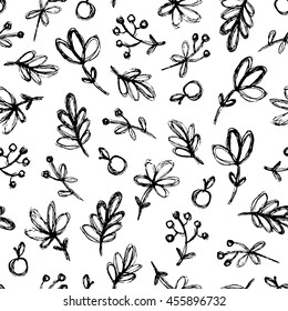 Hand drawn flowers, leaves and branches. Floral seamless pattern.