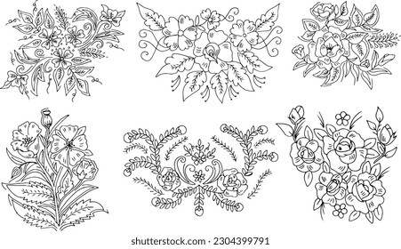 Hand drawn flowers and leaves bunch isolated on white. Vector line art monochrome elegant floral, t-shirt, tattoo design, coloring page, wedding decoration