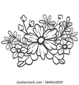 Hand drawn flowers and leaves isolated on white. Vector line art monochrome elegant floral composition in vintage style, tattoo design, coloring page, wedding decoration.