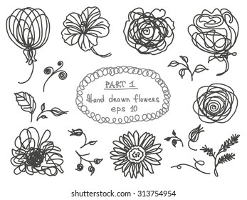 Hand drawn flowers and leaves isolated on white background sketch line 1