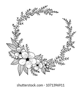 Hand drawn flowers and leaves line art. Freehand sketching plants illustration black and white background for greeting card