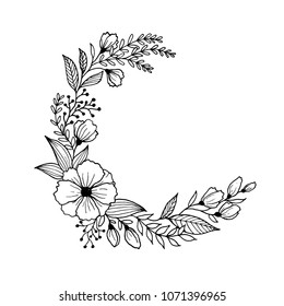 Hand drawn flowers and leaves line art. Freehand sketching plants illustration black and white background for greeting card