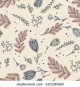 Hand drawn flowers and leaves on soft brown background. Flowers in vintage style. Pattern for wallpaper, fabric, cards.