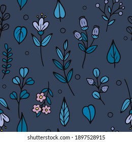 Hand drawn flowers and leaves pattern. Vector illustration
