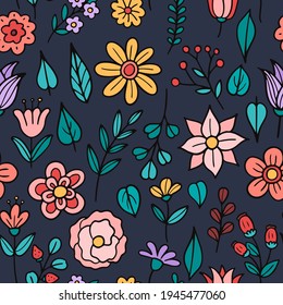 Patrón de flores dibujadas a mano y hojas. Ilustración del vector