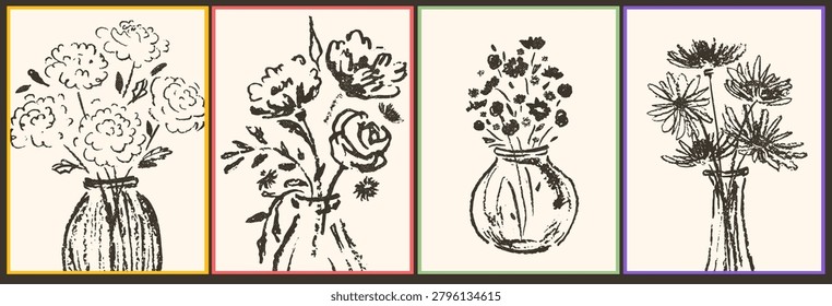Hand drawn flowers, leaves, plants. Sketched style flower bouquets in glass vase. Naive design. Spring, summer botanical art. Wall art composition with canvas texture. Monochromatic vintage style.