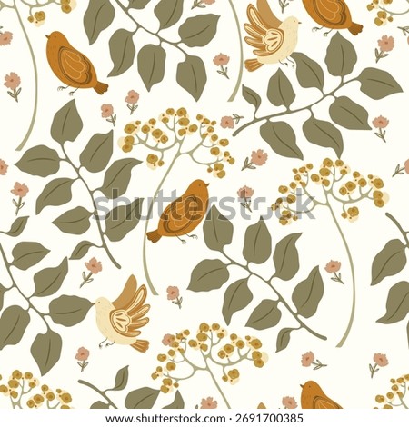 Hand drawn flowers, leaves, plants and cute birds on white background, seamless pattern. Vector illustration with animals and plants.