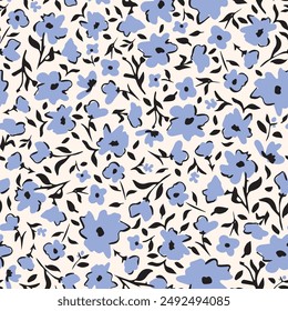 Hand drawn flowers with leaves saemless repeat pattern. Random placed, vector botany elements aop, all over print on white background.