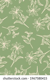 Hand drawn flowers and leaves seamless pattern. Random placed vector botany all over print on sage green background.