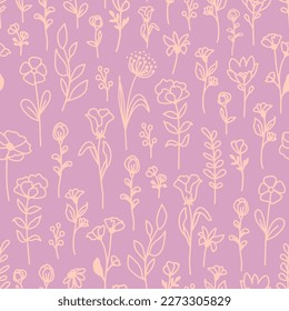 Hand drawn flowers with leaves seamless repeat pattern. Doodled, line art botanical elements all over surface print on lilac background.