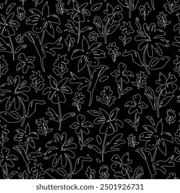 Hand drawn flowers with leaves seamless repeat pattern. Outlined white, hand drawn botany elements aop, all over surface print on black background.
