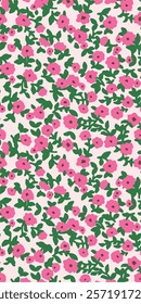 Hand drawn flowers with leaves seamless repeat pattern. Random placed, vector botany aop all over surface print. digital and textile design.