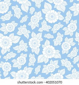 Hand drawn flowers and leaves seamless pattern. Elegant outline style botanical ornament. Repetition background for fabric design, wrapping paper or wallpapers. Isolated vector illustration.