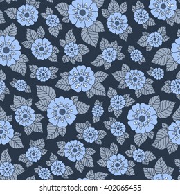 Hand drawn flowers and leaves seamless pattern. Elegant outline style botanical ornament. Repetition background for fabric design, wrapping paper or wallpapers. Isolated vector illustration.