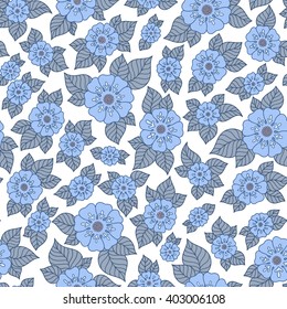 Hand drawn flowers and leaves seamless pattern. Elegant outline style botanical ornament. Repetition background for fabric design, wrapping paper or wallpapers. Isolated vector illustration.