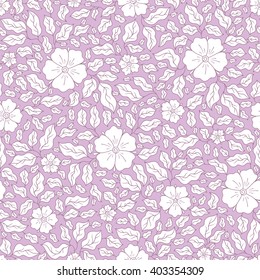 Hand drawn flowers and leaves seamless pattern. Elegant outline style botanical ornament. Repetition background for fabric design, wrapping paper or wallpapers. Isolated vector illustration.