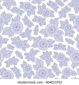 Hand drawn flowers and leaves seamless pattern. Elegant outline style botanical ornament. Repetition background for fabric design, wrapping paper or wallpapers. Isolated vector illustration.