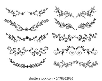 Hand drawn flowers and leaves vector set, floral elements isolated on white background