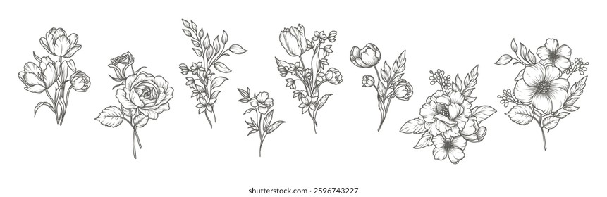 Hand drawn flowers in line art style. Bouquets. Trendy botanical elements of garden floral plants, branches and leaves. Vector illustration for logo, wedding invitation, tattoo, save the date, card