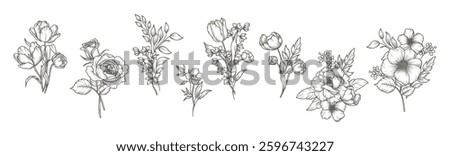 Hand drawn flowers in line art style. Bouquets. Trendy botanical elements of garden floral plants, branches and leaves. Vector illustration for logo, wedding invitation, tattoo, save the date, card