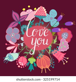 hand drawn flowers with love you lettering romantic postcard floral design elements