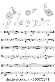 Hand drawn flowers and musical notes. Black and white vector illustration.
