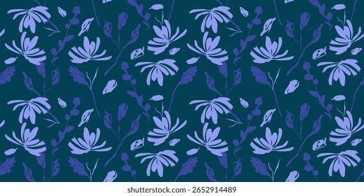 Flores desenhadas à mão em fundos azuis, padrões sem costura com floral para tecido, têxteis, roupas, papel de embrulho, capa, banner, decoração interior.